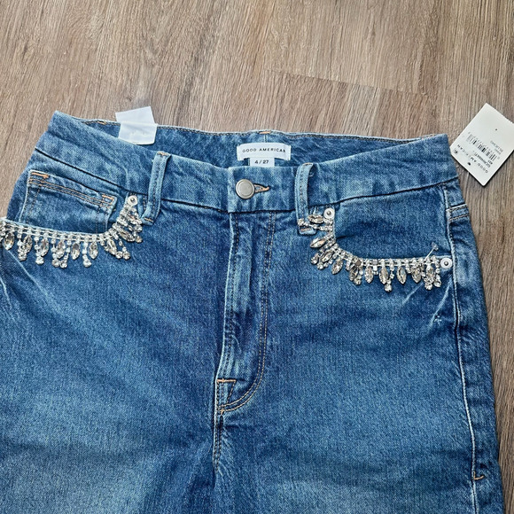 NWT Good American Good Classic Crystal Fringe Jeans Size 4/27 Medium Wash Raw - Picture 4 of 10